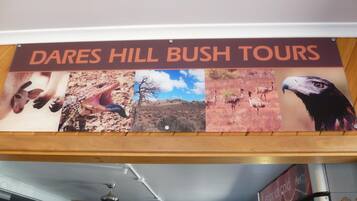 A sign for Dares Hill Bush Tours with images of a kangaroo, a lizard, a tree, and an eagle.