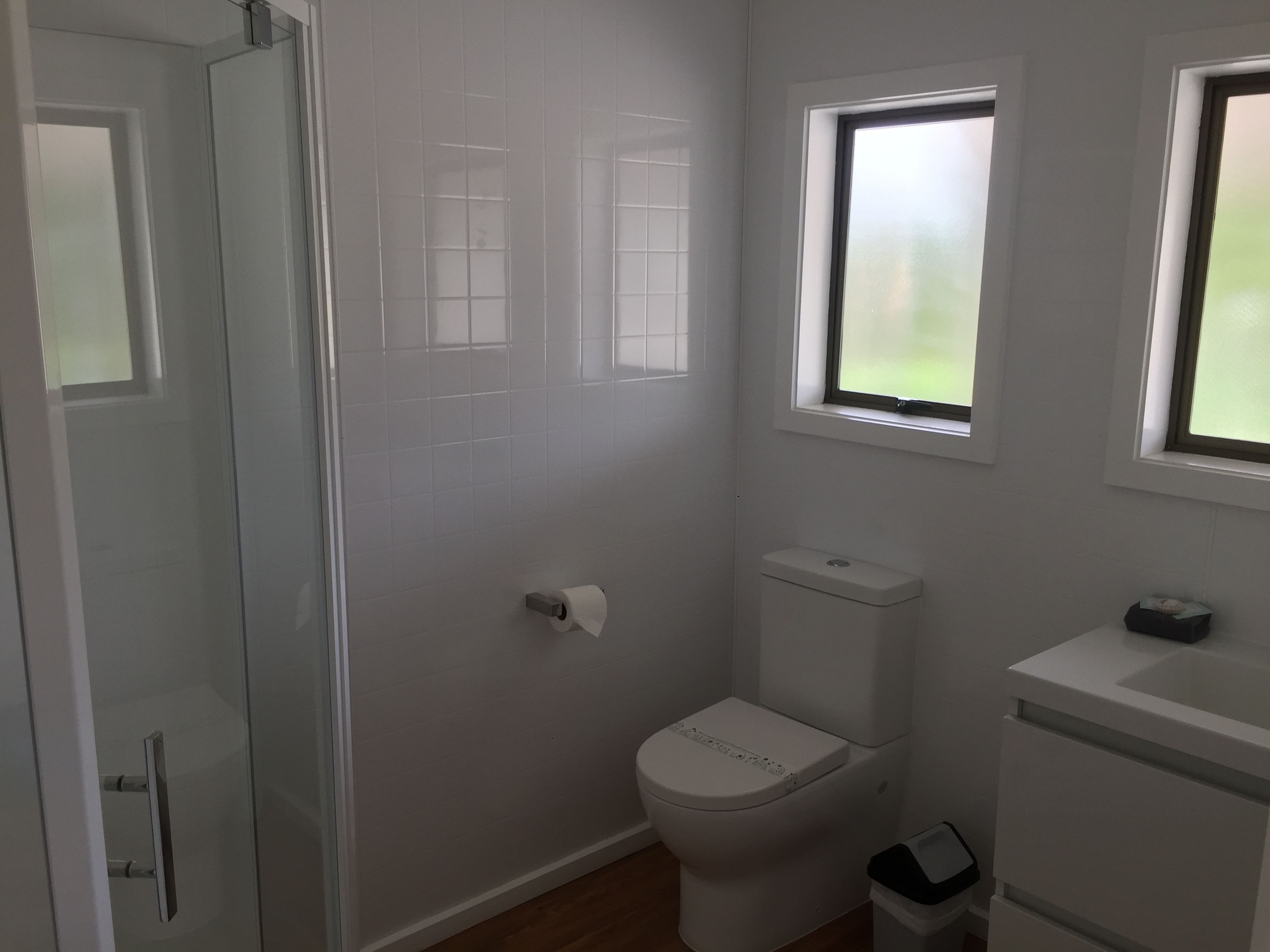A bathroom with a toilet, a window, and a shower area.