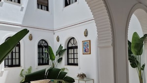 A spacious courtyard with white walls, multiple windows, and large potted plants. - Hotel y Apartamentos Doña Lola (Seville)