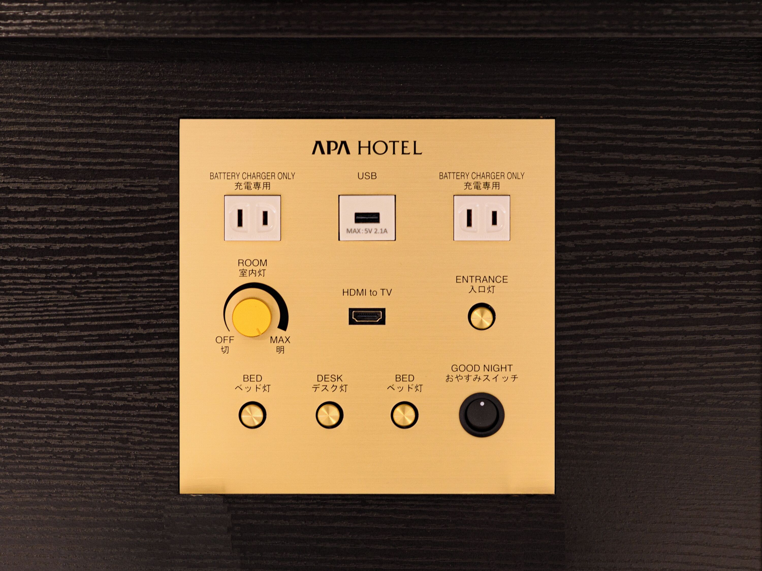 A control panel with battery charger and USB ports, room lighting, desk and bed lighting, and an HDMI to TV converter.