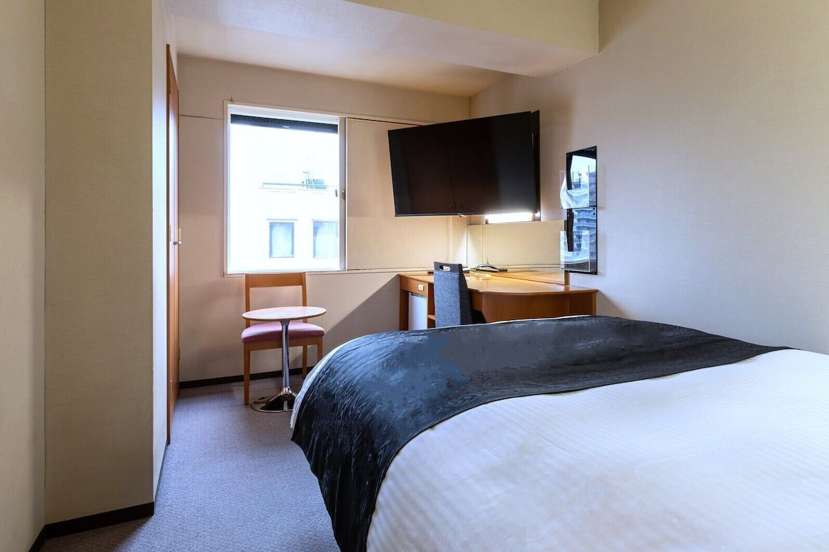A hotel room with a bed, a desk, a chair, a TV, and a window.