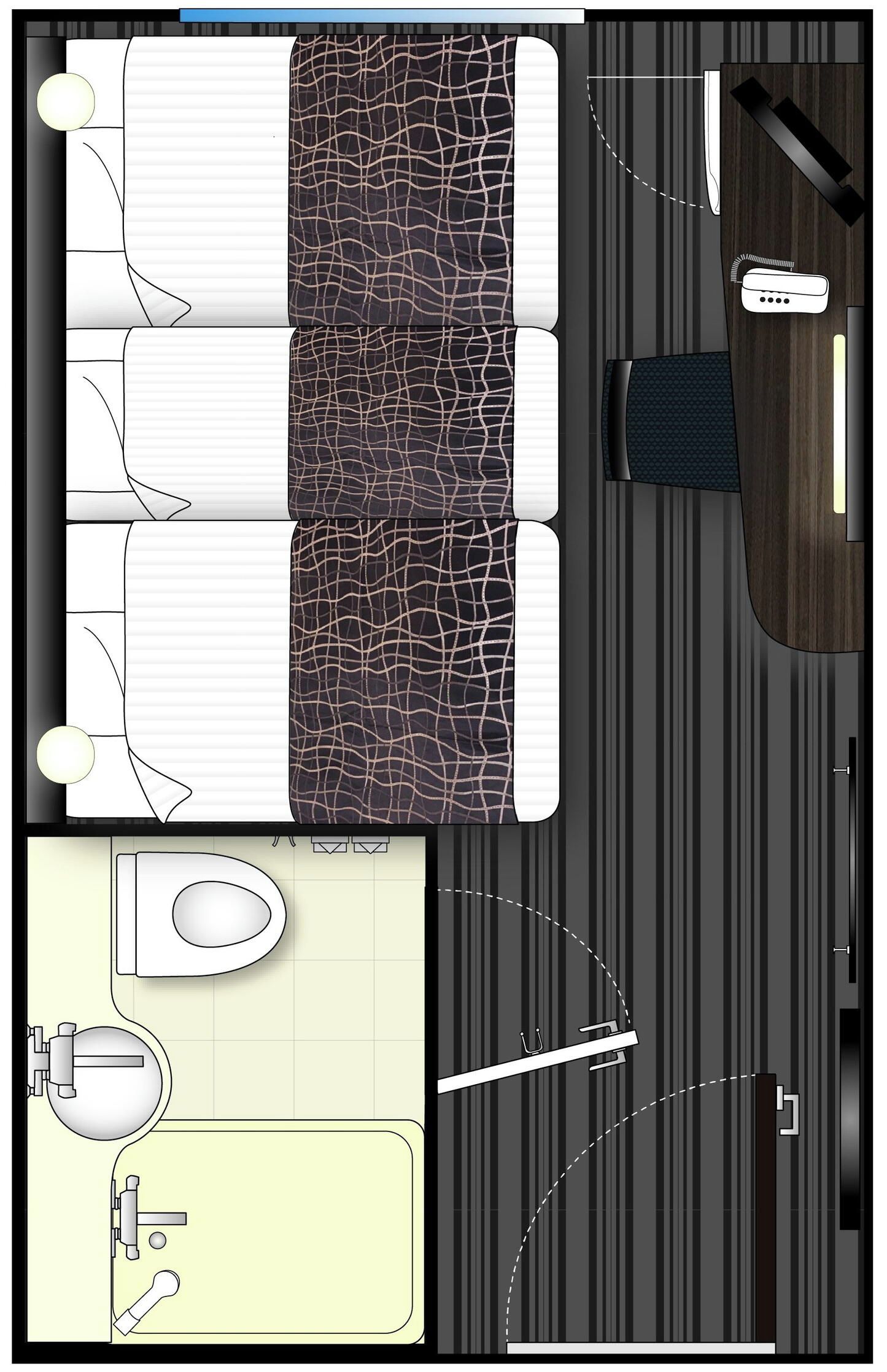 A hotel room layout with a bed, a desk, a chair, a toilet, and a sink.