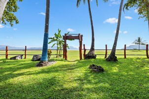 A grassy area with palm trees and a wooden structure.