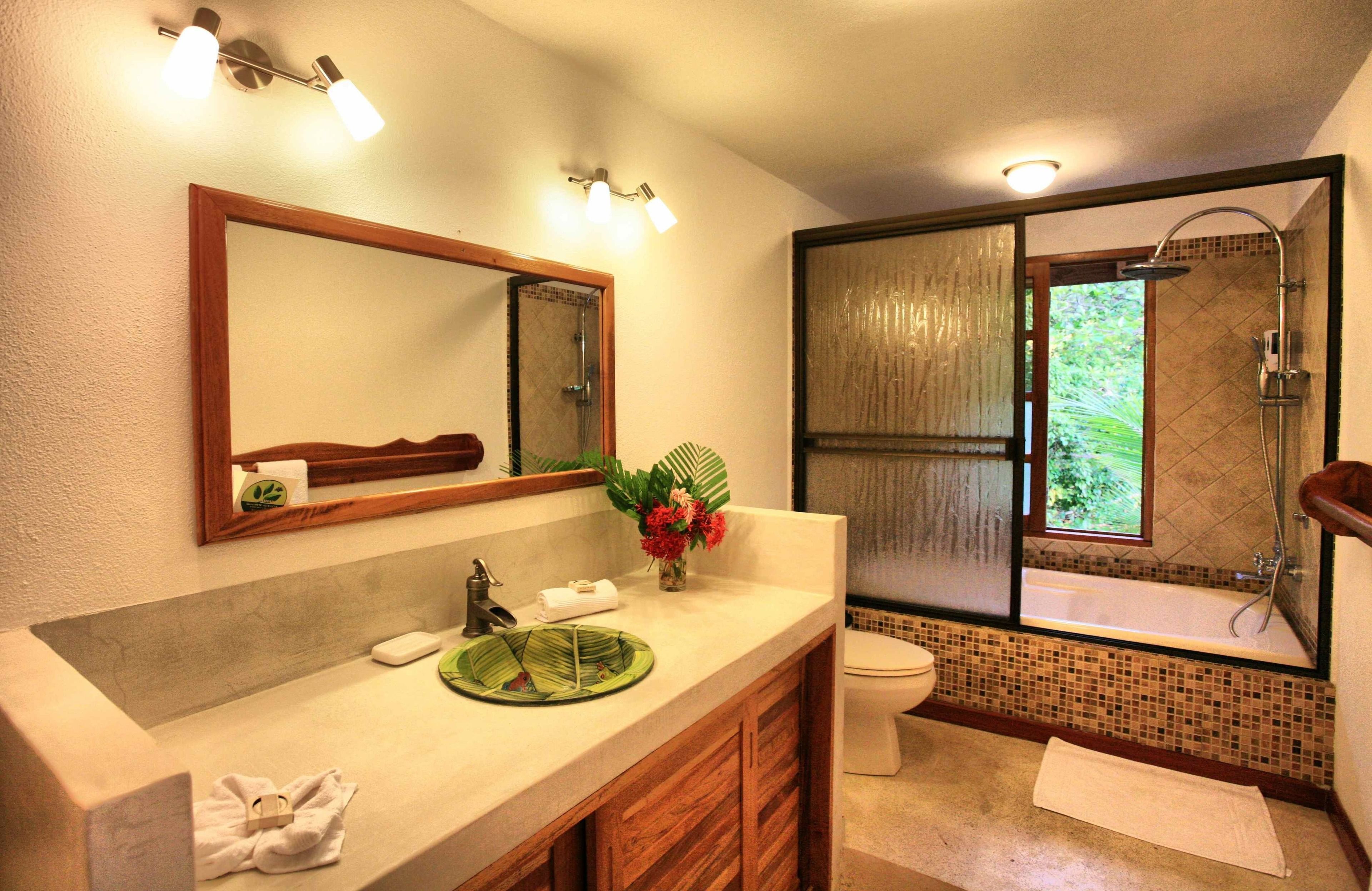 A bathroom with a large mirror, a sink with a green mat, a toilet, and a shower area with a view of greenery outside.