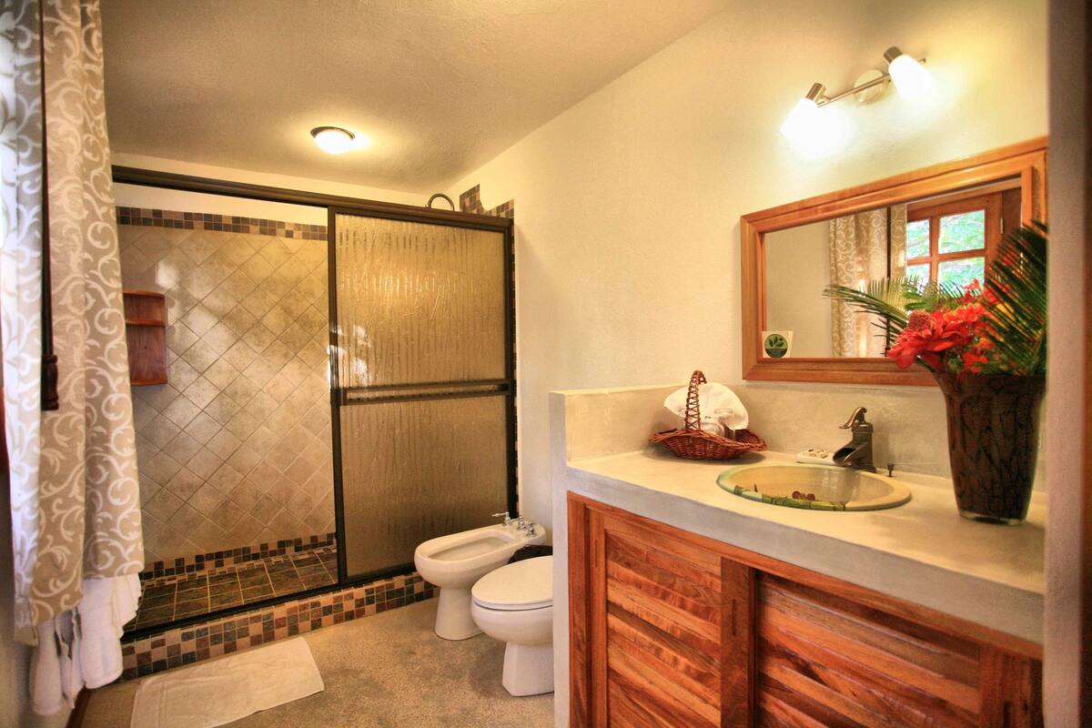 Baño con ducha, inodoro, lavabo y espejo.