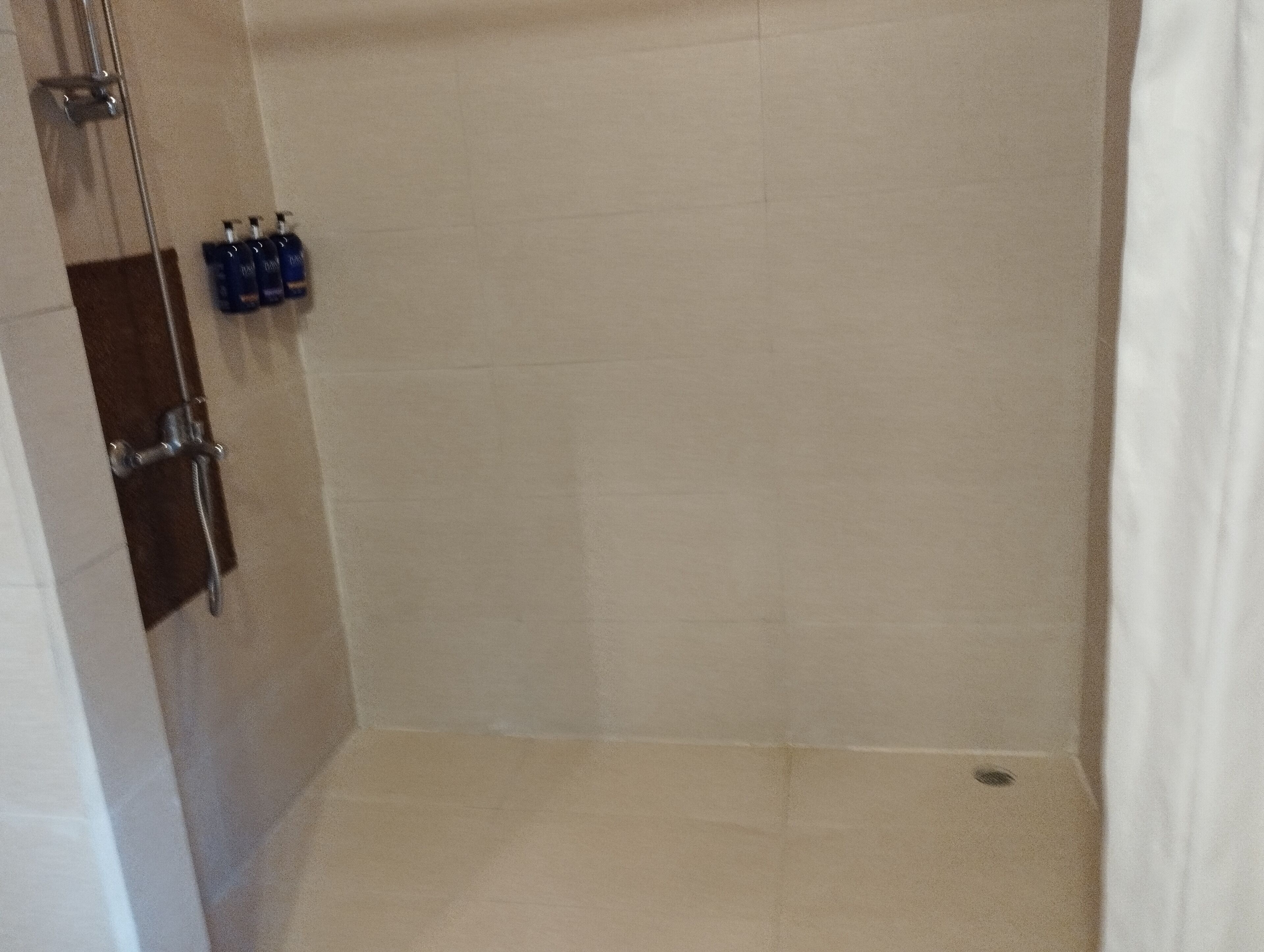 A shower area with a glass door, a metal showerhead, and a small shelf with bottles.