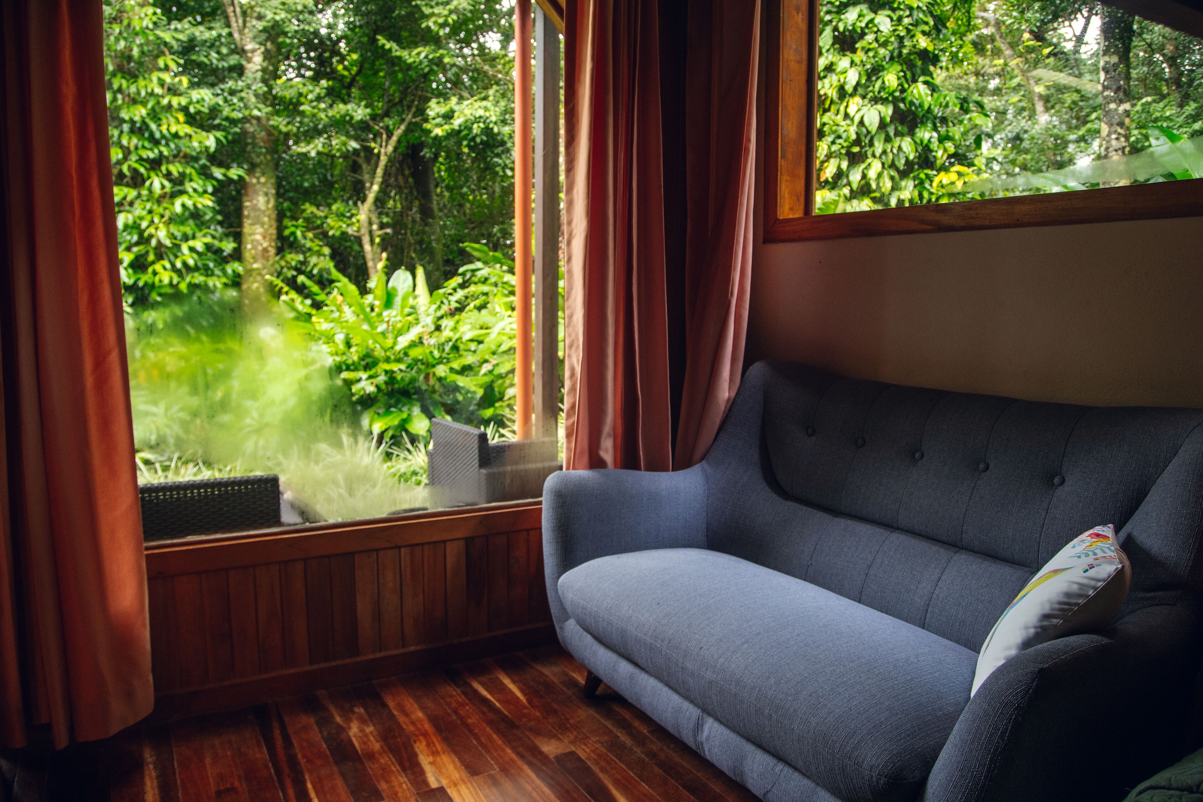 Una habitación con un sofá gris, piso de madera, una ventana con cortinas y vistas a zonas verdes.