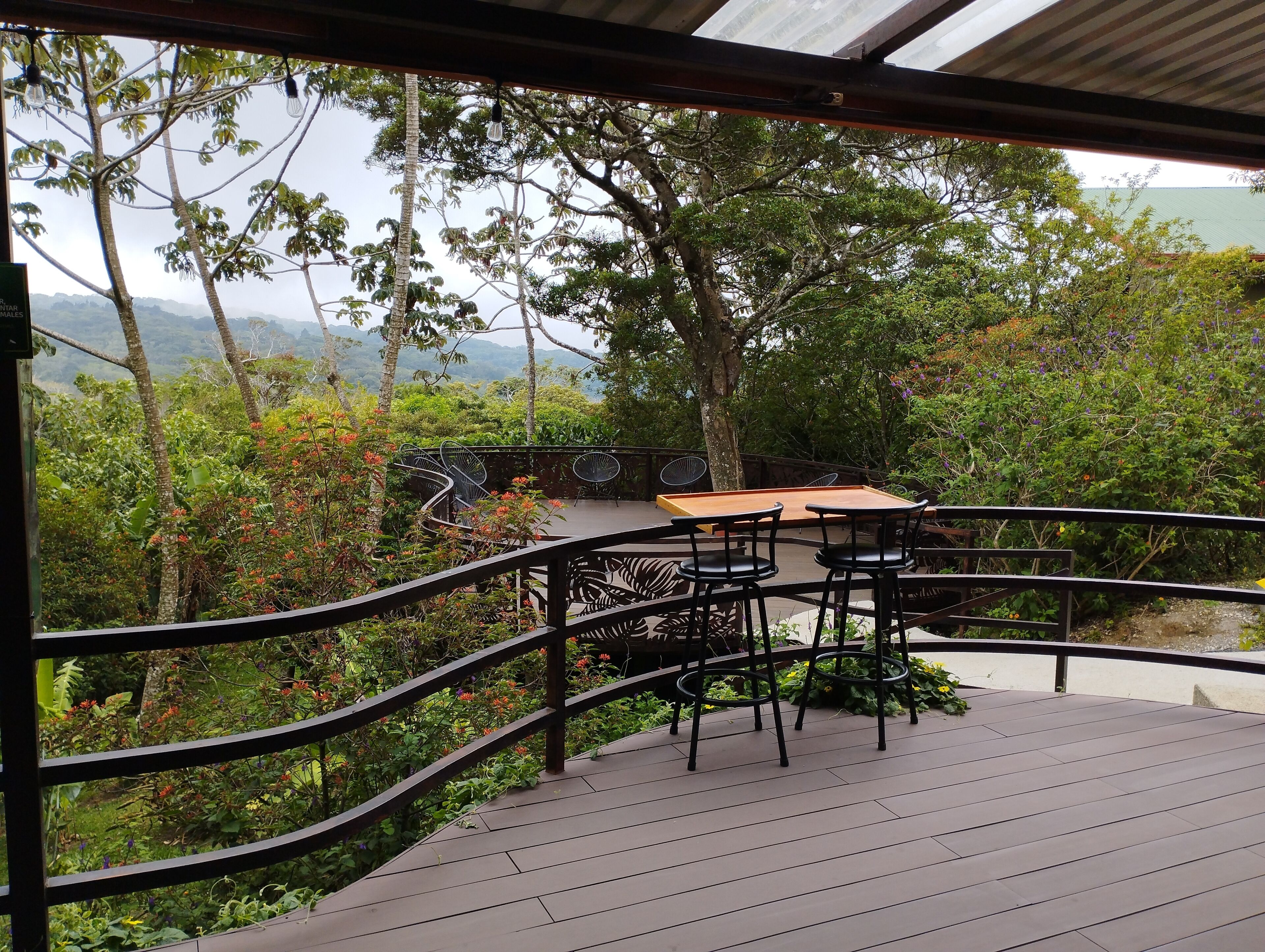 A deck with a table and chairs, surrounded by lush greenery and a view of distant mountains.