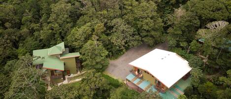 Un edificio de dos pisos con techo verde, rodeado de un bosque denso.