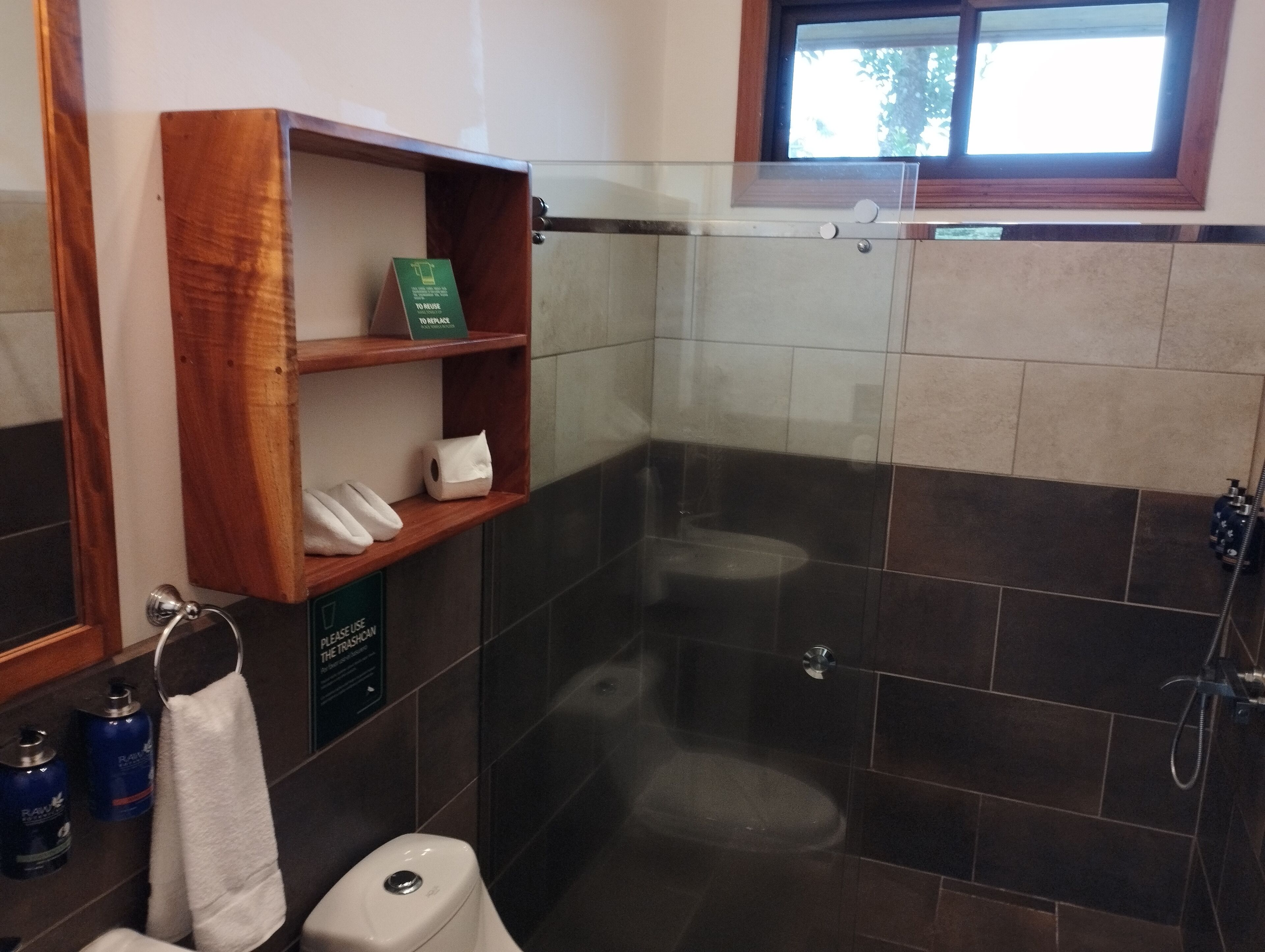 A bathroom with a glass-enclosed shower, a wooden shelf with toiletries, and a toilet.
