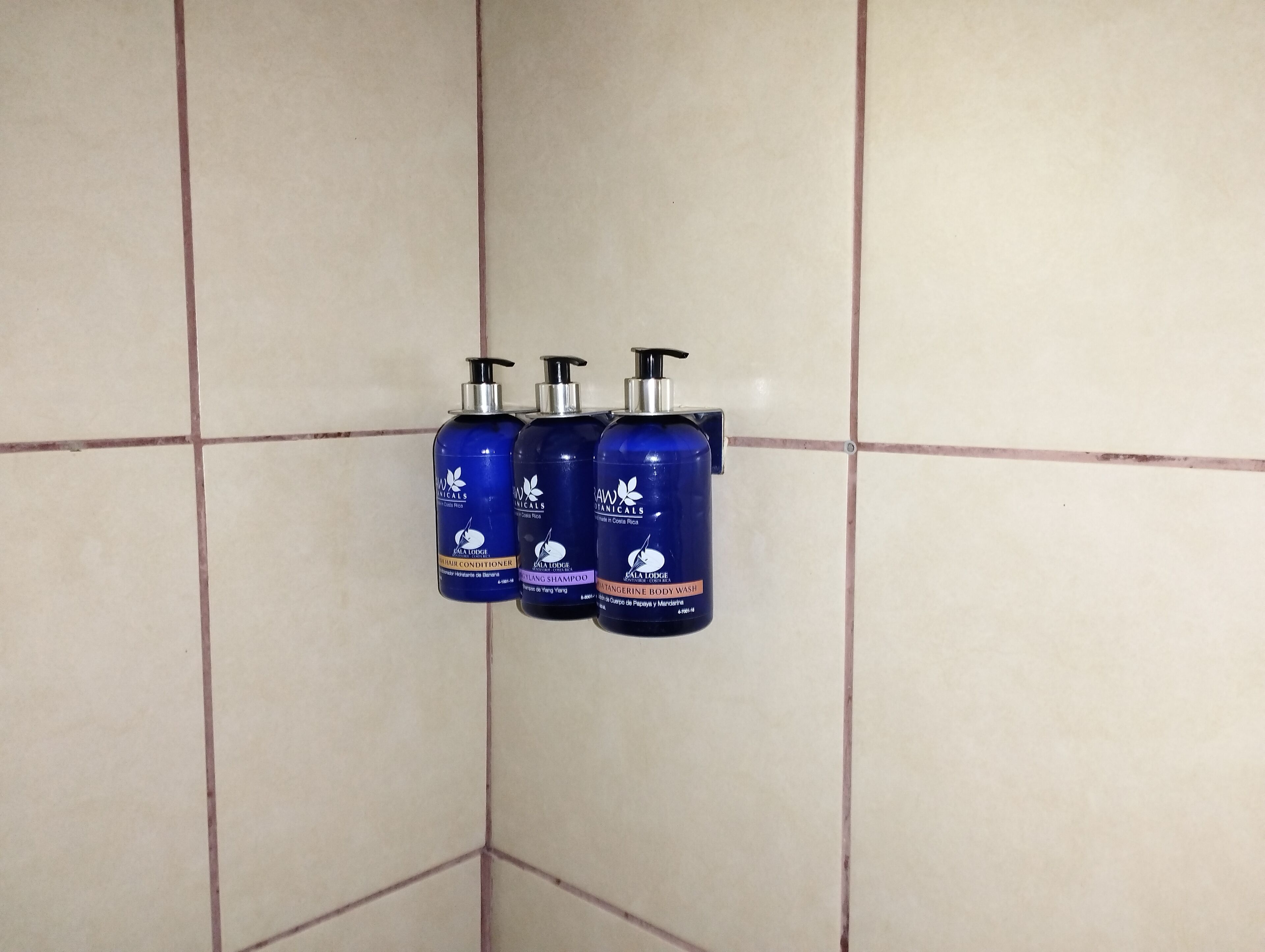 Three bottles of body wash and shampoo hanging on a tiled wall.