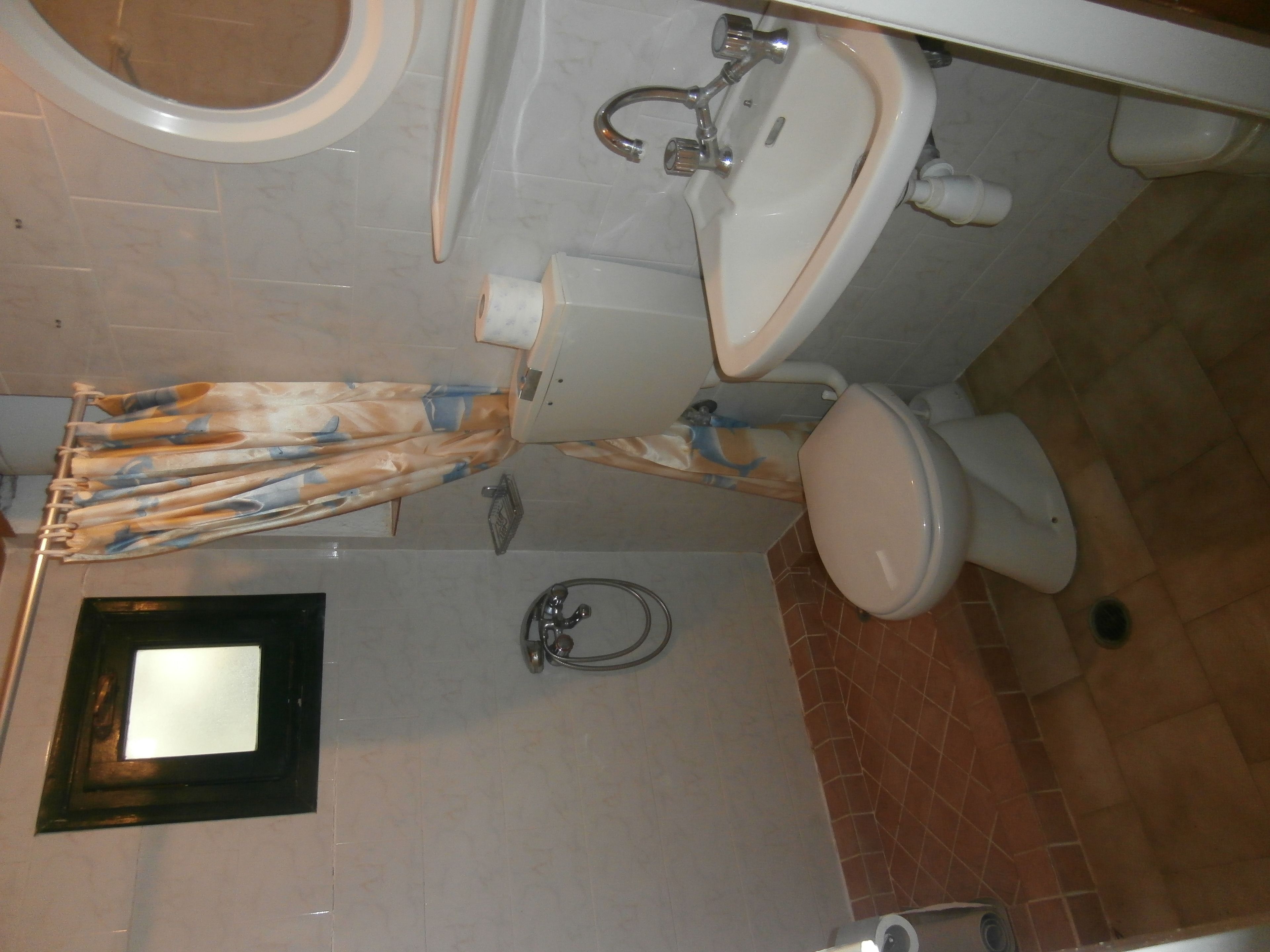 A bathroom with a toilet, sink, and shower.