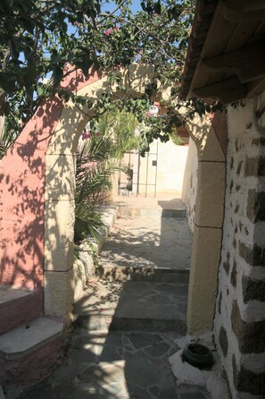 A narrow stone pathway leading to a building entrance, surrounded by greenery and a pink wall.