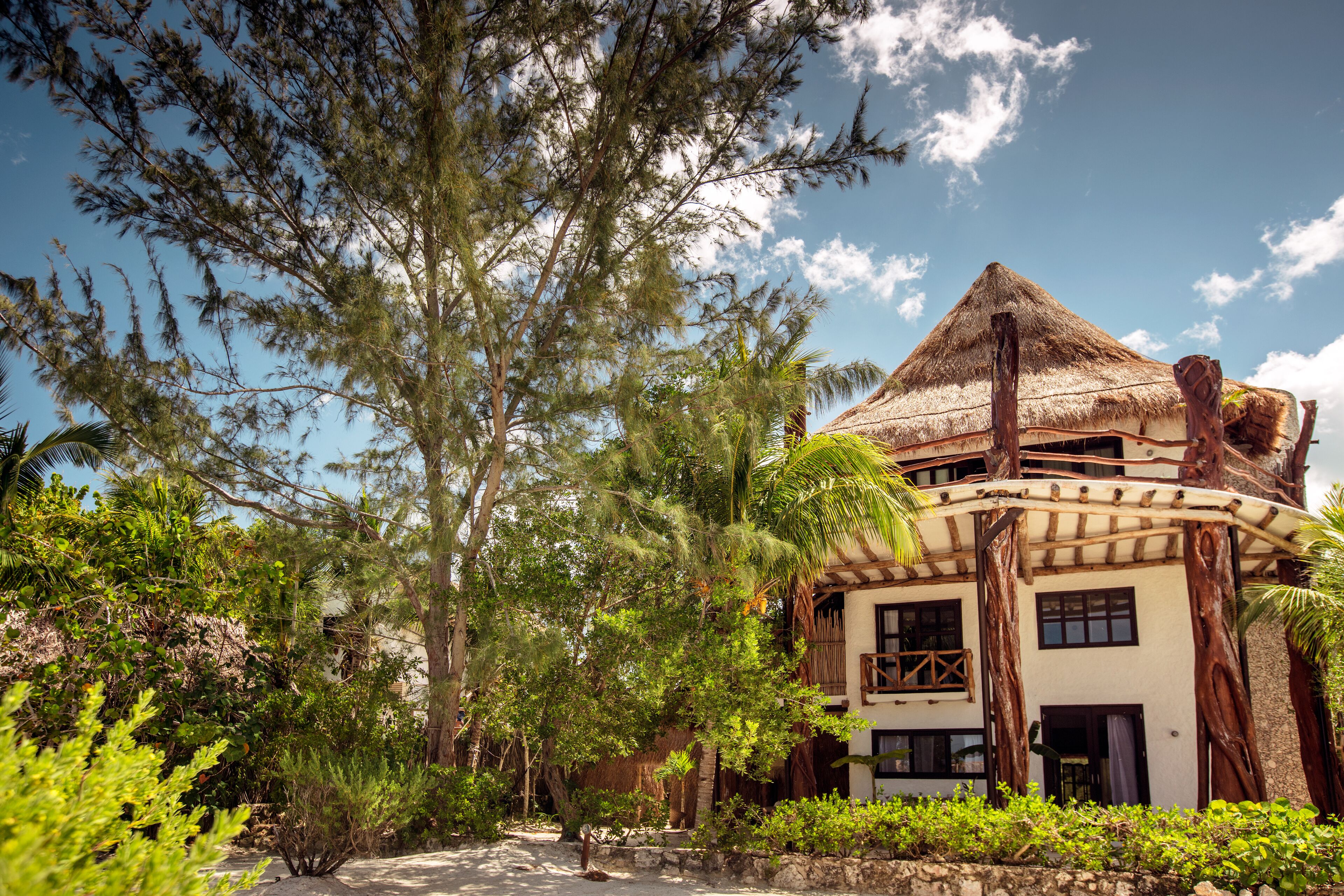 A two-story building with a thatched roof, surrounded by lush greenery and trees.