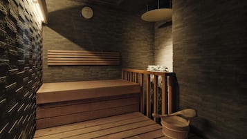 A sauna with wooden benches, a wooden bucket, and a wall clock.