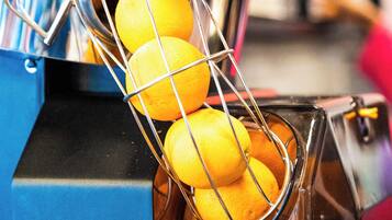 Oranges being processed in a machine, likely for juicing or cleaning.