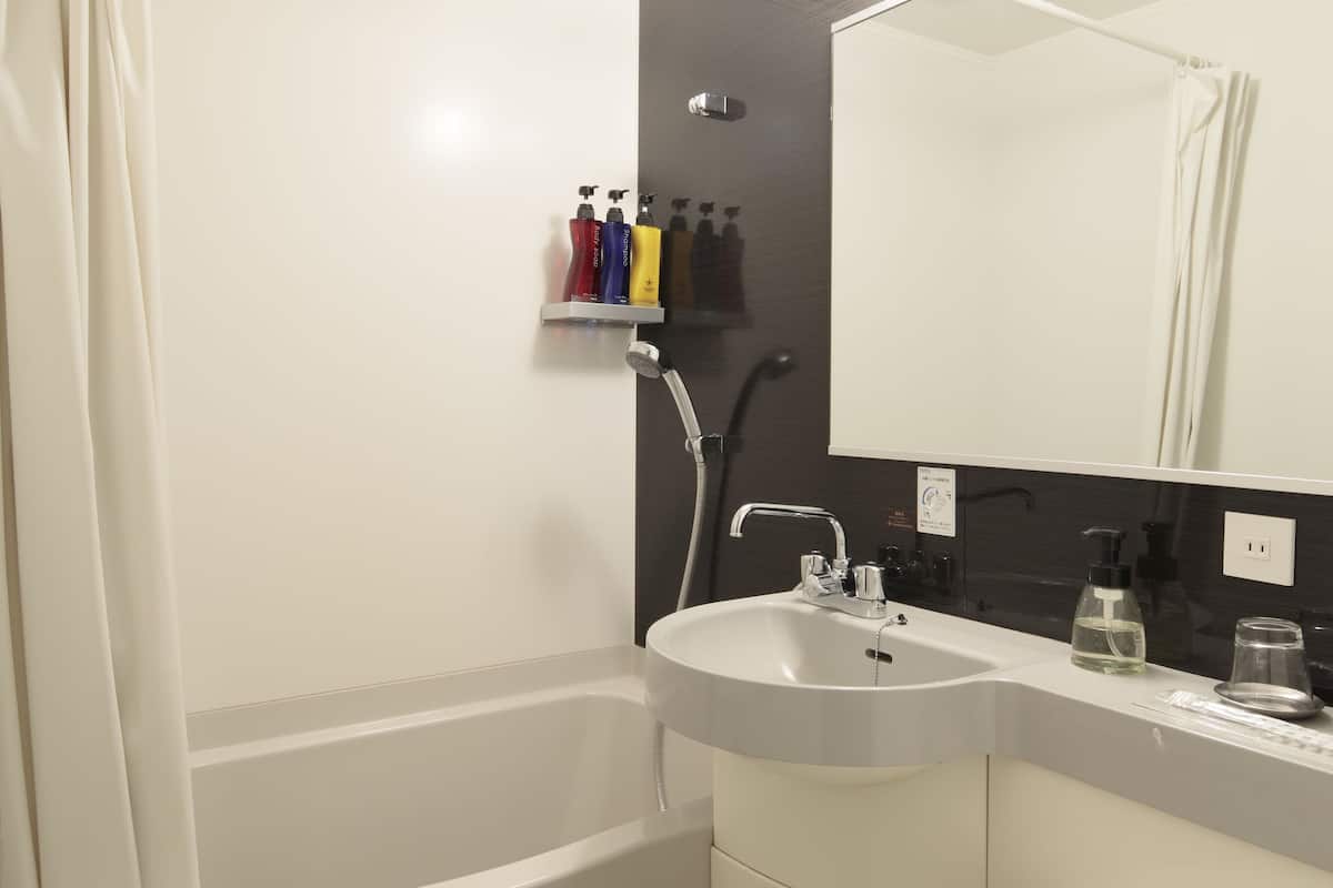 combined shower/bathtub, free toiletries, hair dryer, slippers