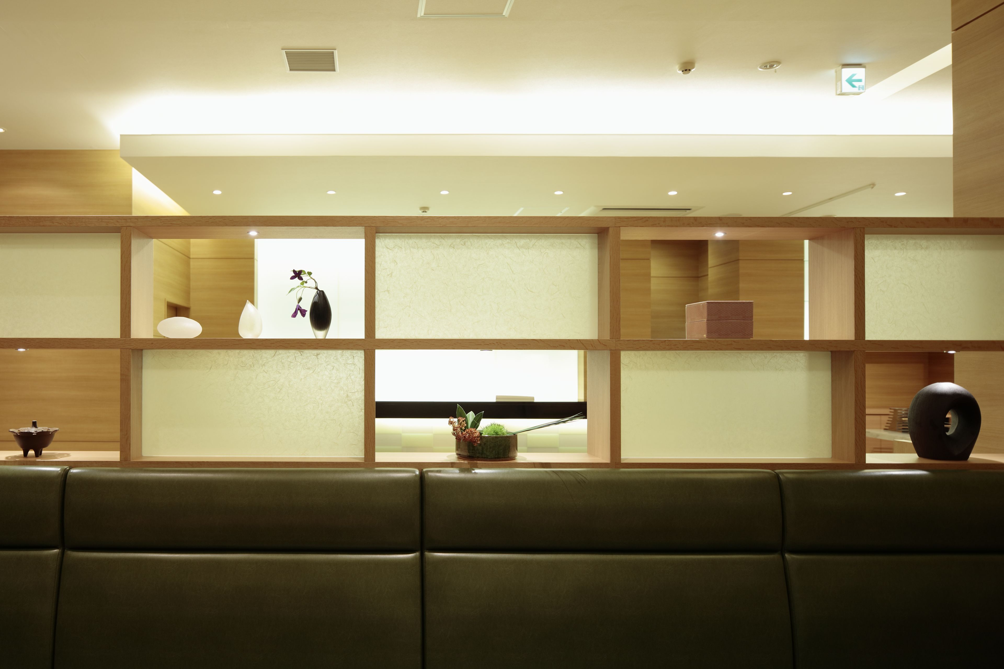 A modern interior with a seating area, wooden paneling, and a small plant on a table.