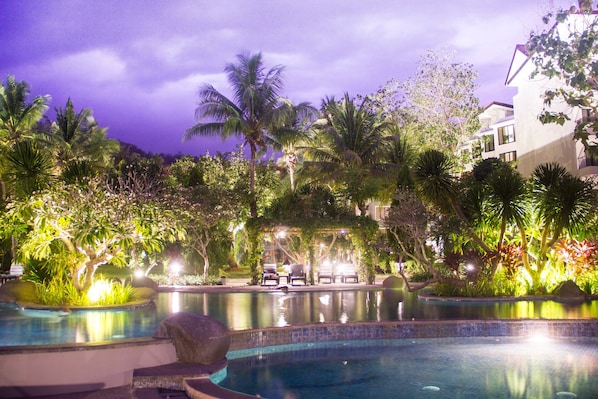 Outdoor pool, pool umbrellas, pool loungers