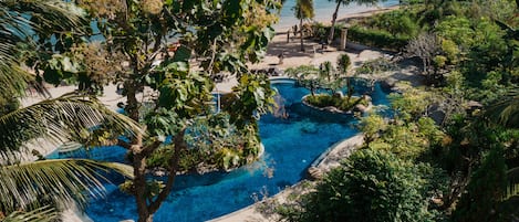 Outdoor pool, pool umbrellas, sun loungers