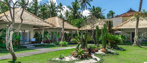 A resort with thatched-roof structures, palm trees, and a well-maintained garden.