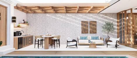 A modern outdoor living area with a pool, wooden pergola, stone wall, and seating arrangements.