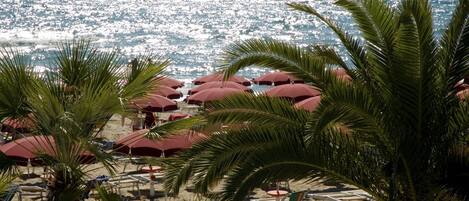 A beach with rows of red umbrellas and palm trees, overlooking the ocean.