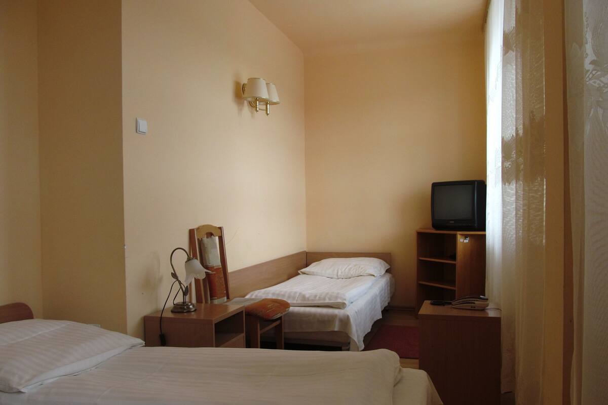 A hotel room with two beds, a television, a lamp, and a small table.