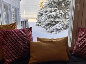 Habitación con vistas a un paisaje nevado a través de una ventana, que incluye un sofá con cojines estampados.
