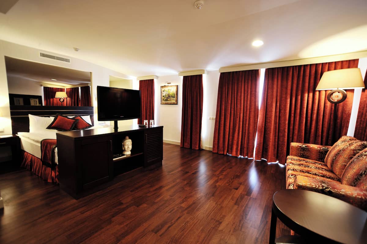 Habitación de hotel con cama, televisión, escritorio, silla, sofá y un amplio ventanal con cortinas.