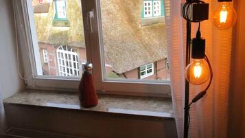 Una finestra con vista su una casa tradizionale, un termosifone e un lampadario a parete.