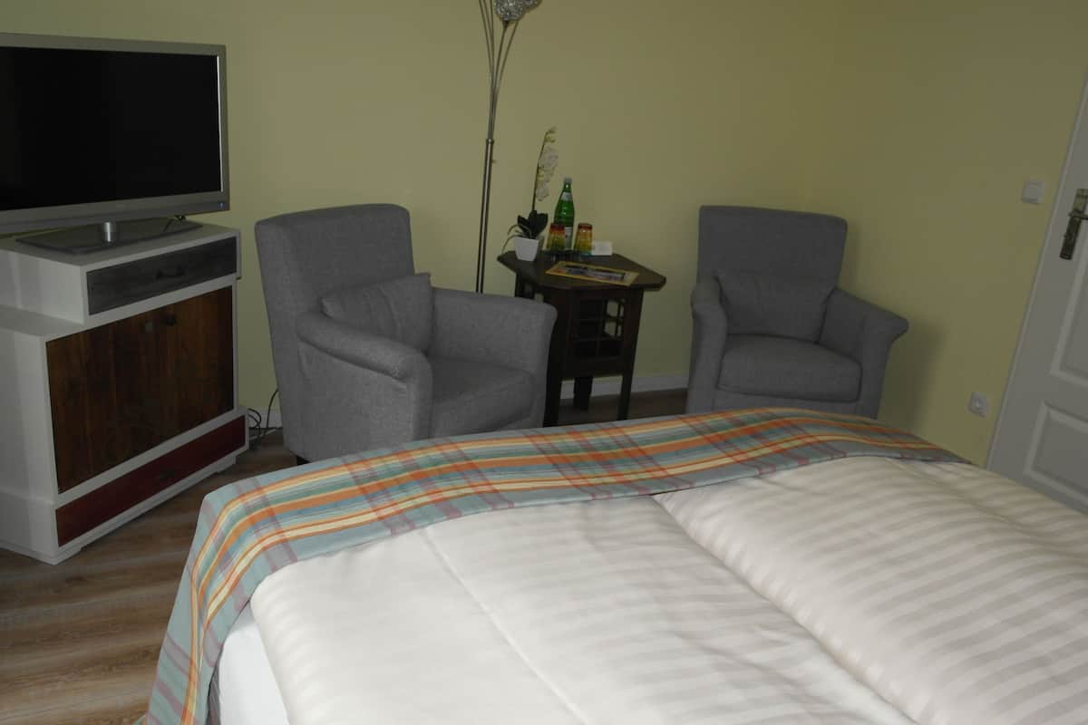 Habitación de hotel con cama, dos sillones, televisor y una mesita con planta y botellas.