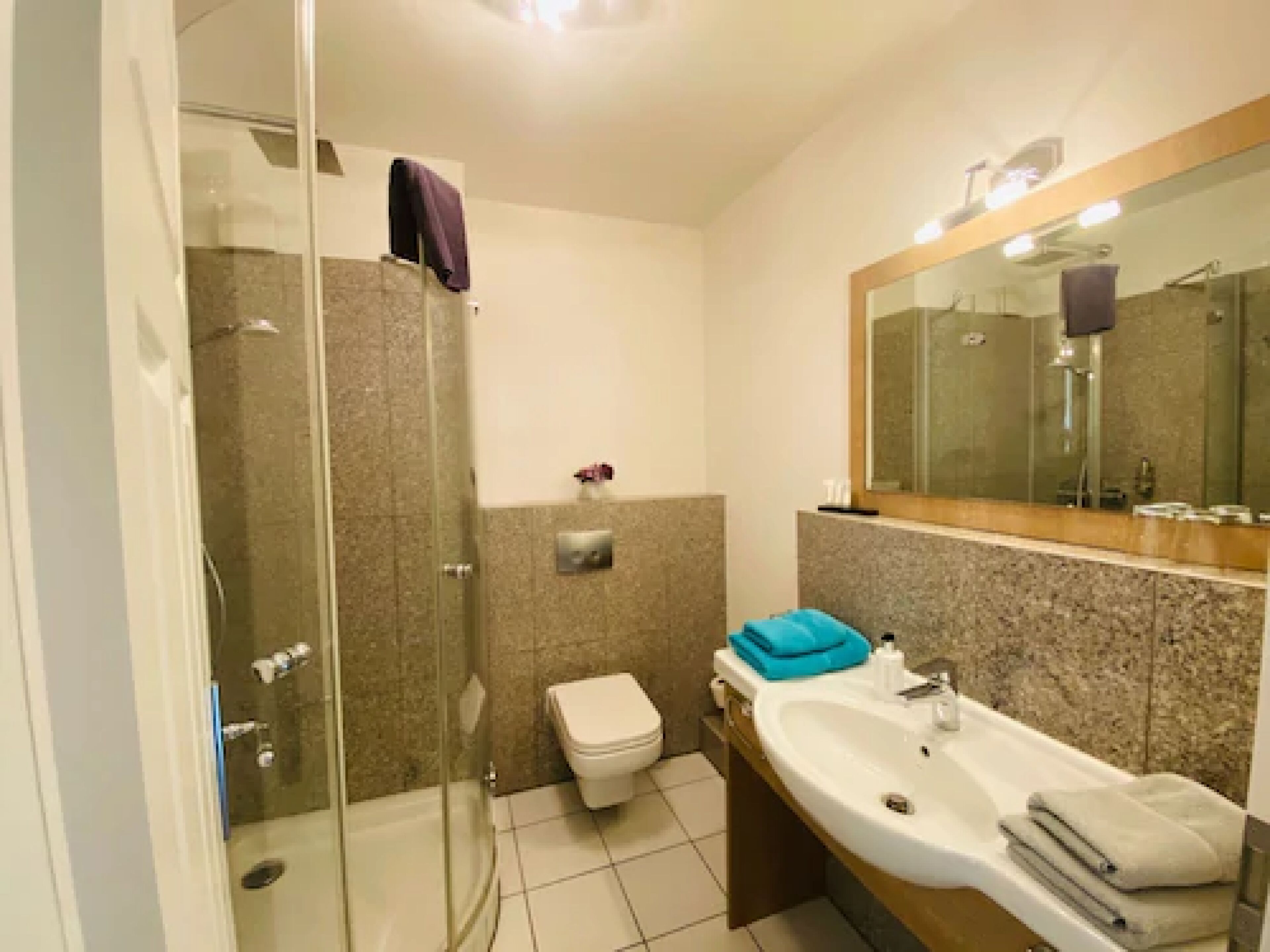 Une salle de bain moderne avec une douche à parois de verre, des toilettes blanches, un lavabo avec un miroir et un porte-serviettes.