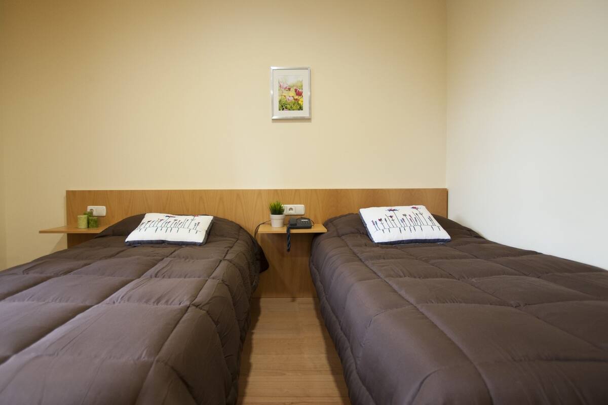 A room with two single beds, a wooden headboard, a small shelf with a plant and a phone, and a framed picture on the wall.