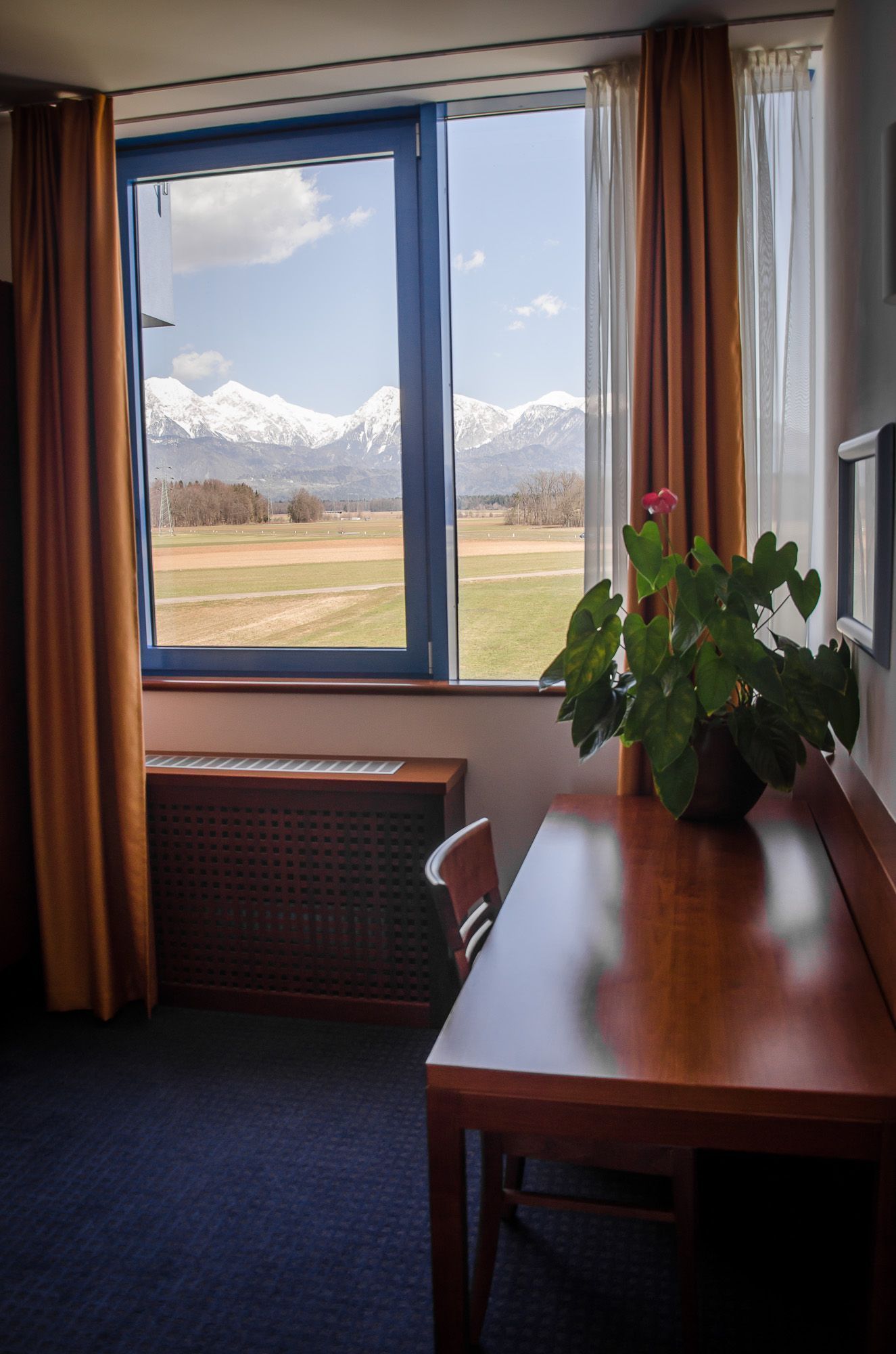 A room with a large window, a wooden table, a chair, and a potted plant.