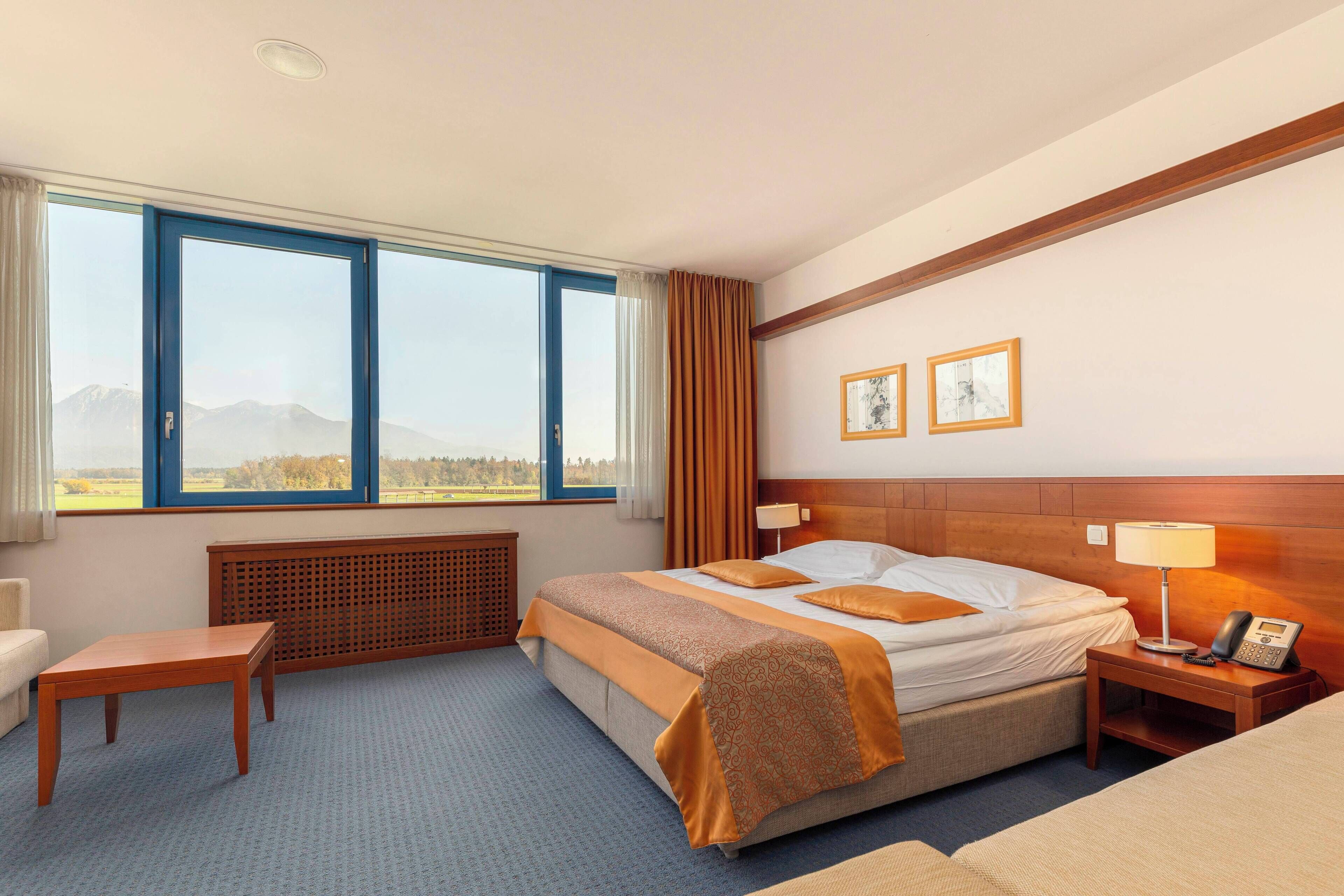 Habitación de hotel con una cama grande, una mesita de noche, una silla, un escritorio y vistas a la montaña desde la ventana.