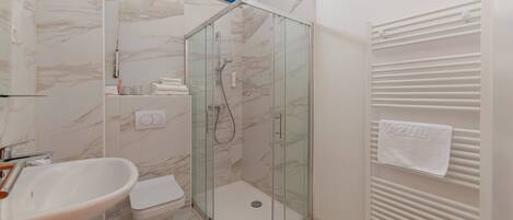 A modern bathroom with a glass-enclosed shower, a white sink, and a toilet.