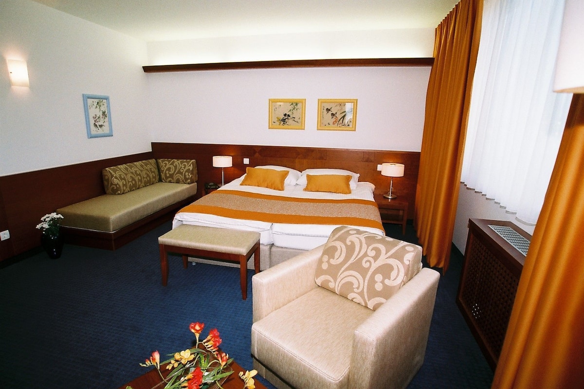 Minibar, desk, laptop workspace, blackout drapes