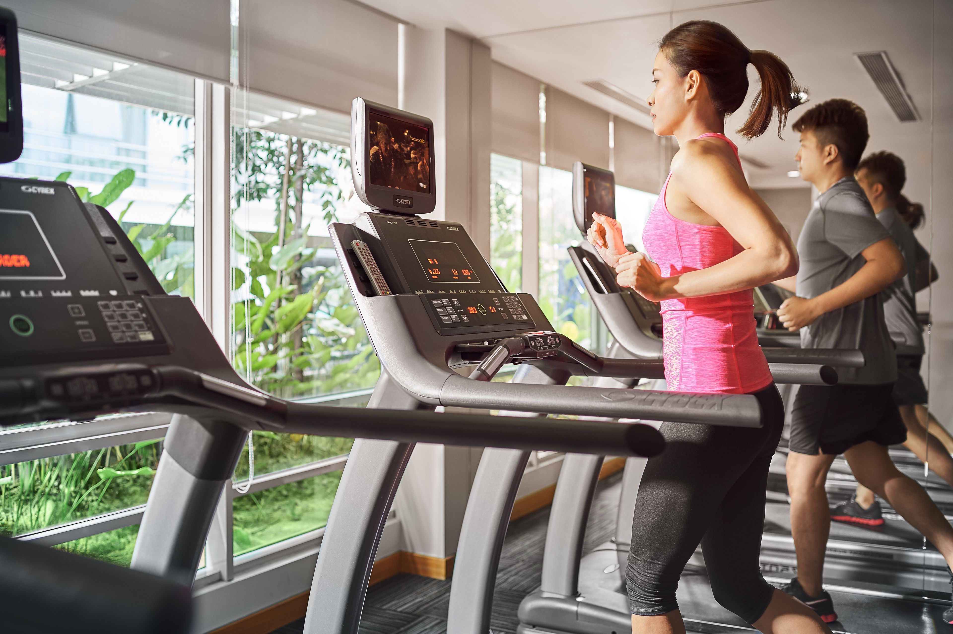 A gym with treadmills, large windows, and indoor plants.
