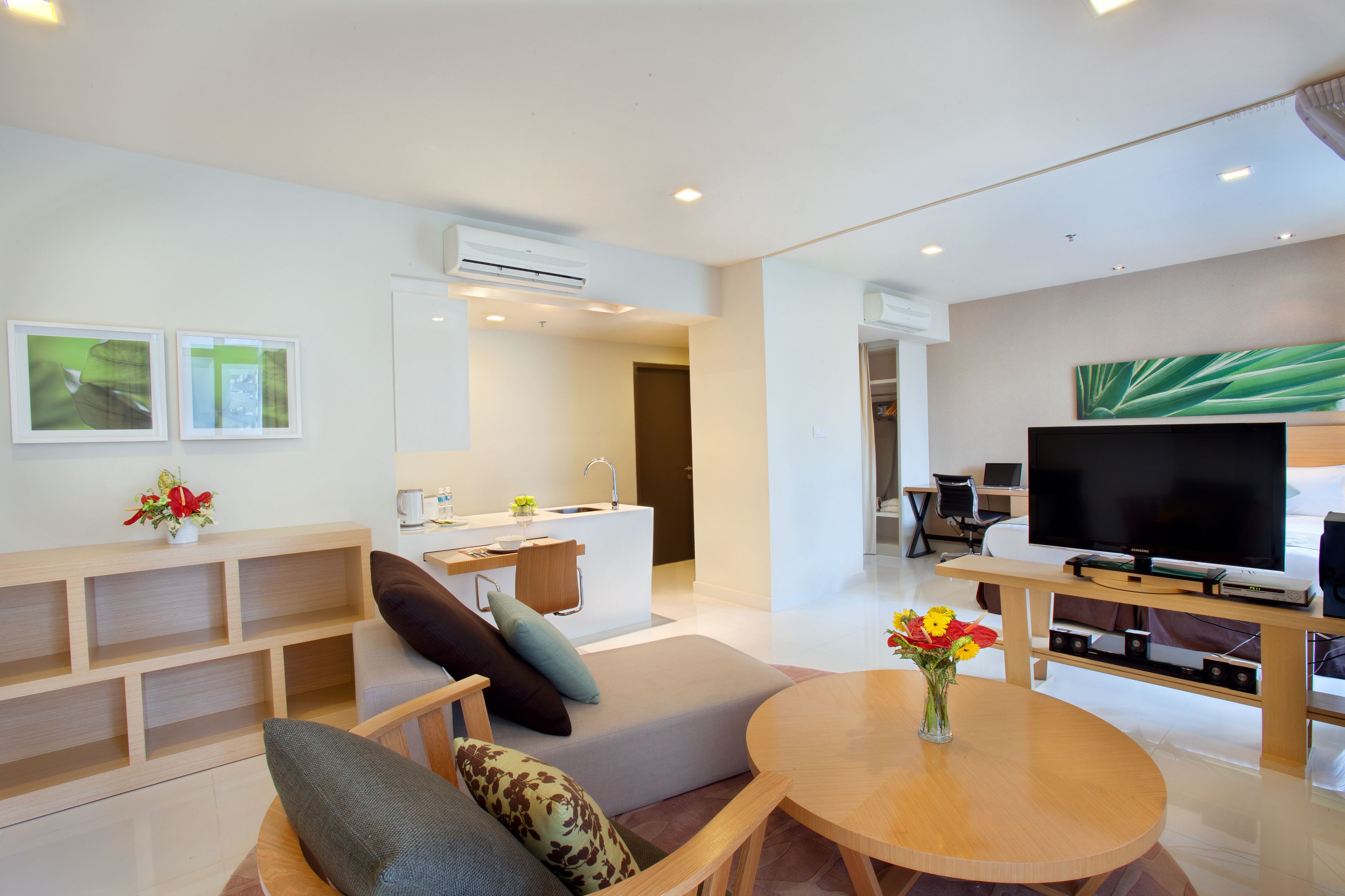 A modern living room with a sofa, a coffee table, a TV, and a small kitchen area.