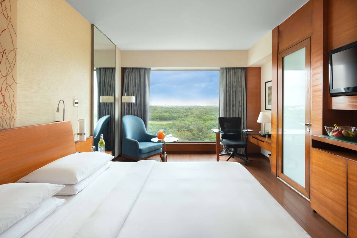 A hotel room with a large bed, a desk with a chair, a television, and a view of the outdoors.