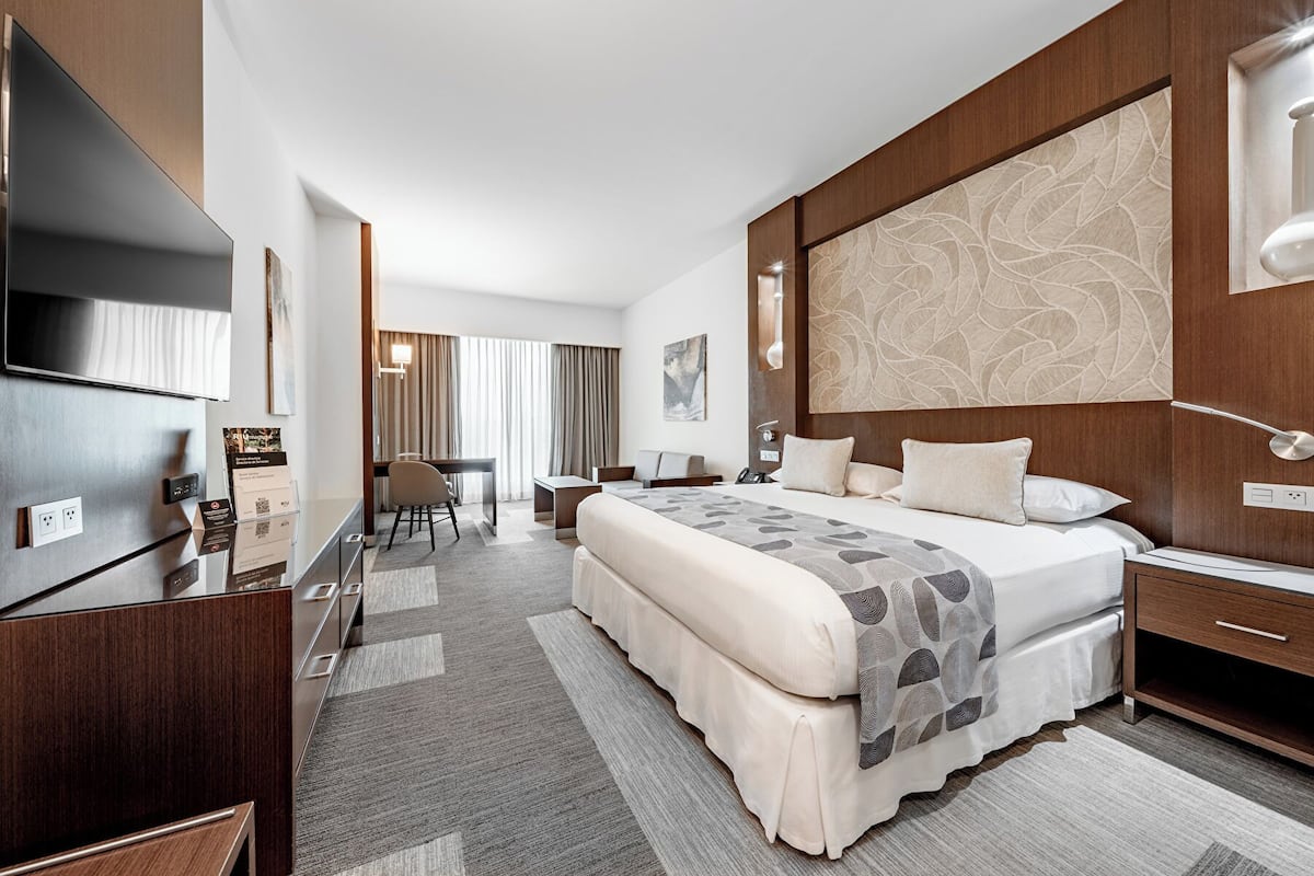 Una habitación de hotel con una cama grande, un escritorio, una silla y un televisor.