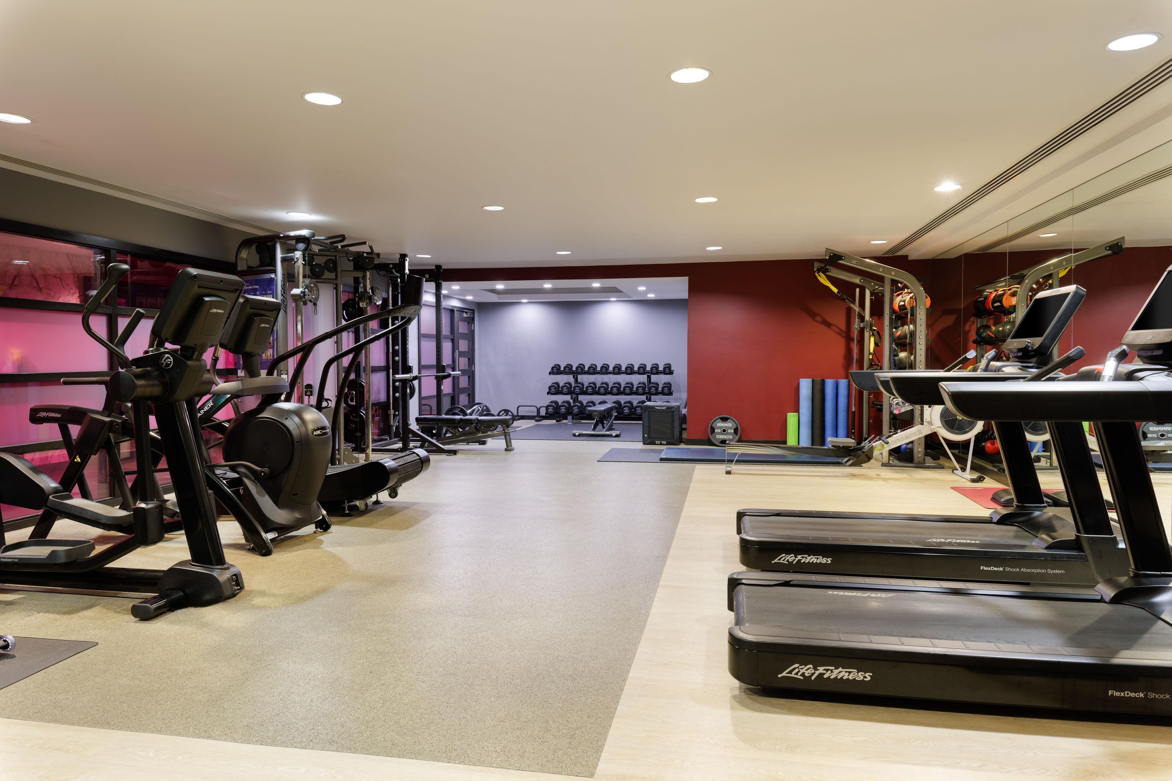 A gym with treadmills, weight machines, and a wall of dumbbells.