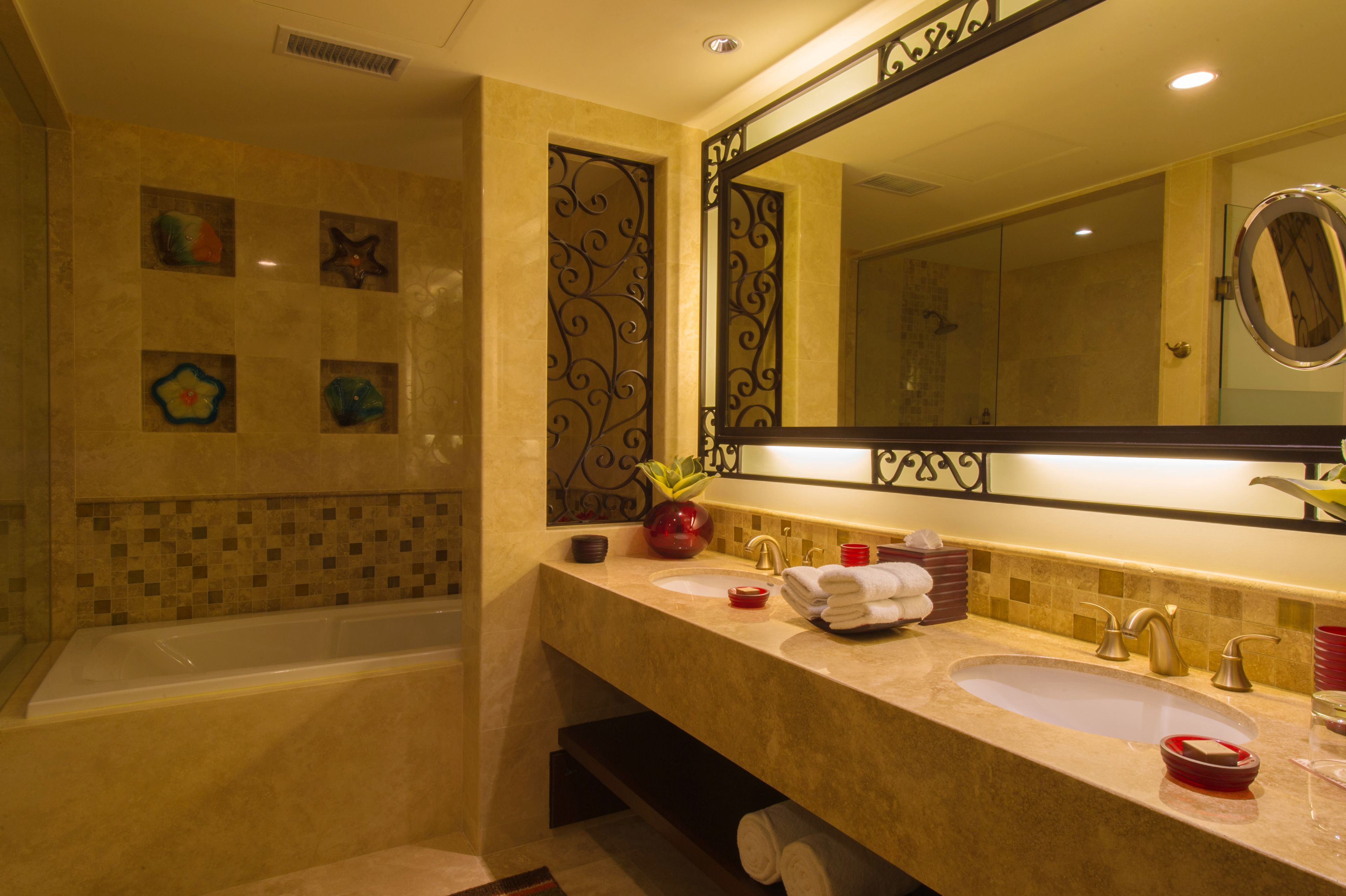 separate bathtub and shower, designer toiletries, hair dryer, bathrobes