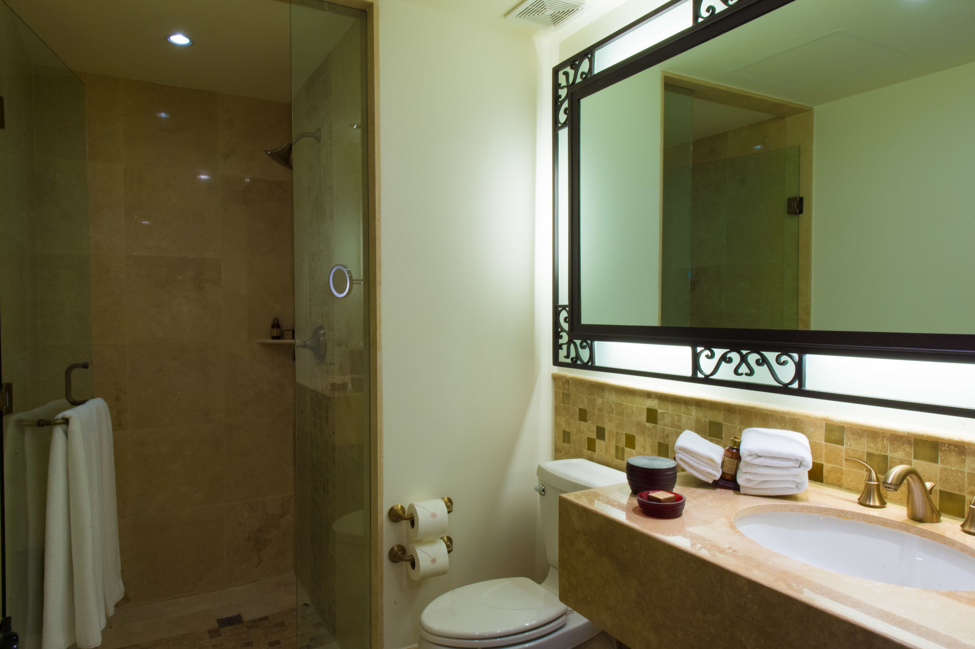 Baignoire et douche séparées, articles de toilette de luxe