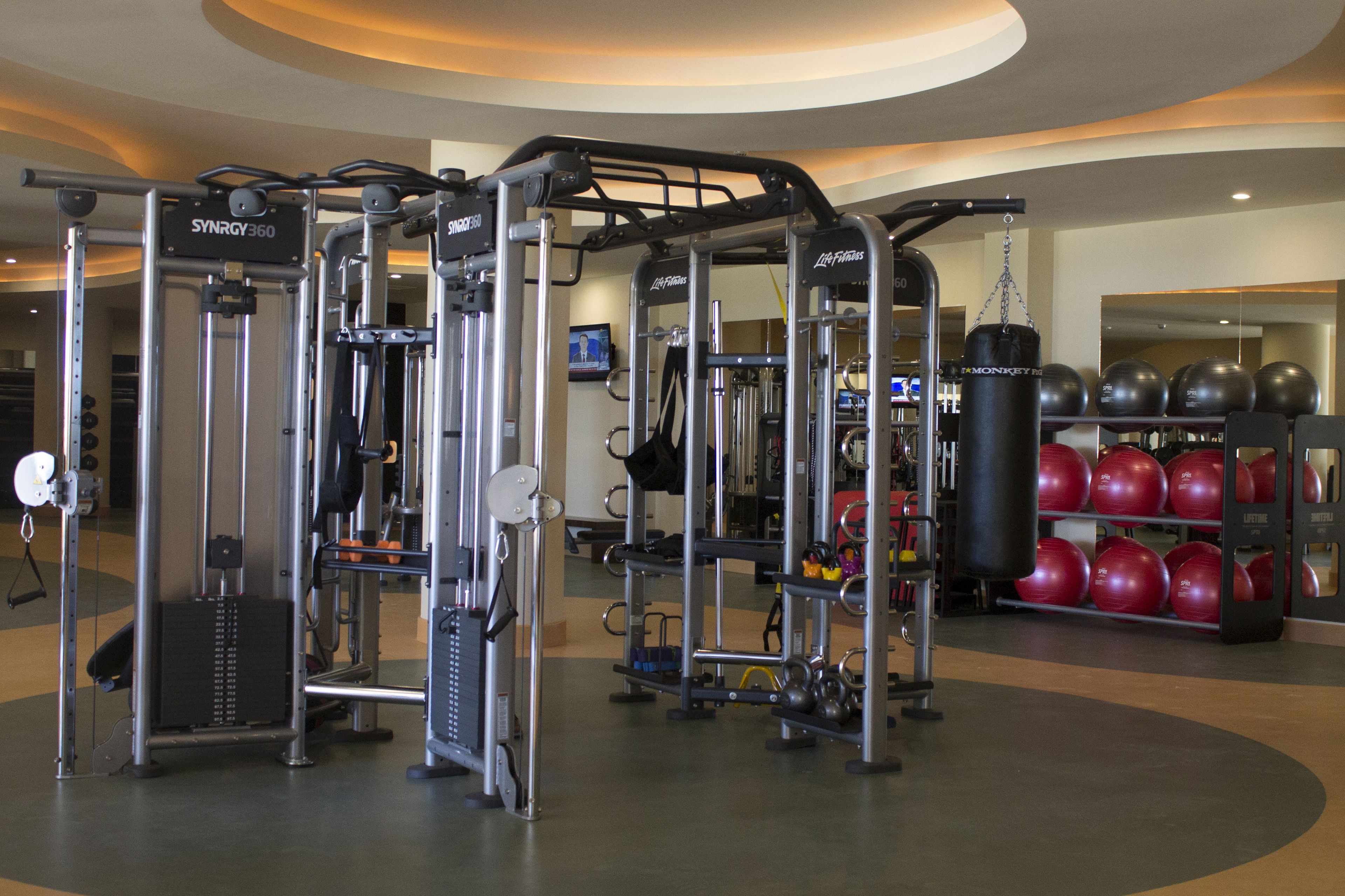 Un gimnasio con equipo de ejercicio variado, incluyendo máquinas de pesas y un saco de boxeo.
