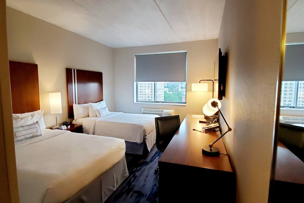 premium bedding, down duvets, pillow-top beds, desk