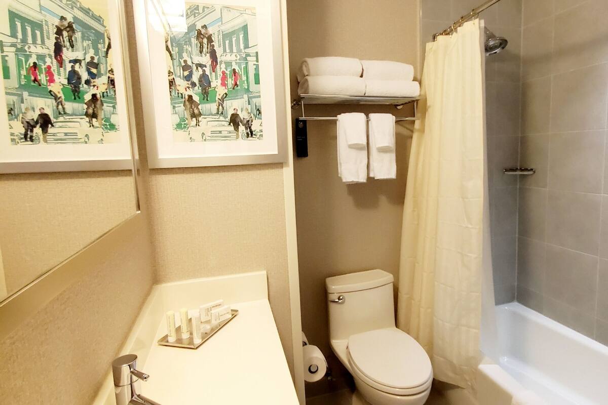 designer toiletries, hair dryer, towels, soap