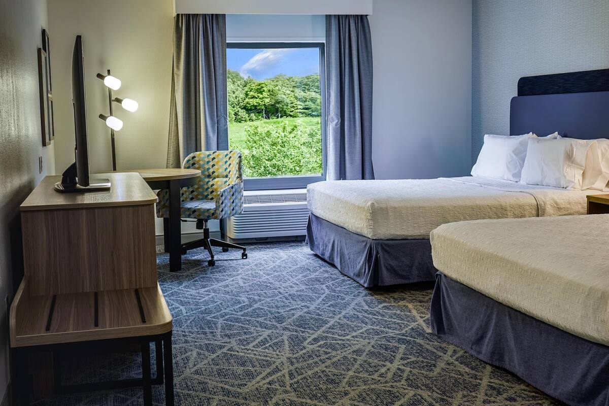 A hotel room with two beds, a desk with a lamp, a chair, and a large window with a view of greenery.