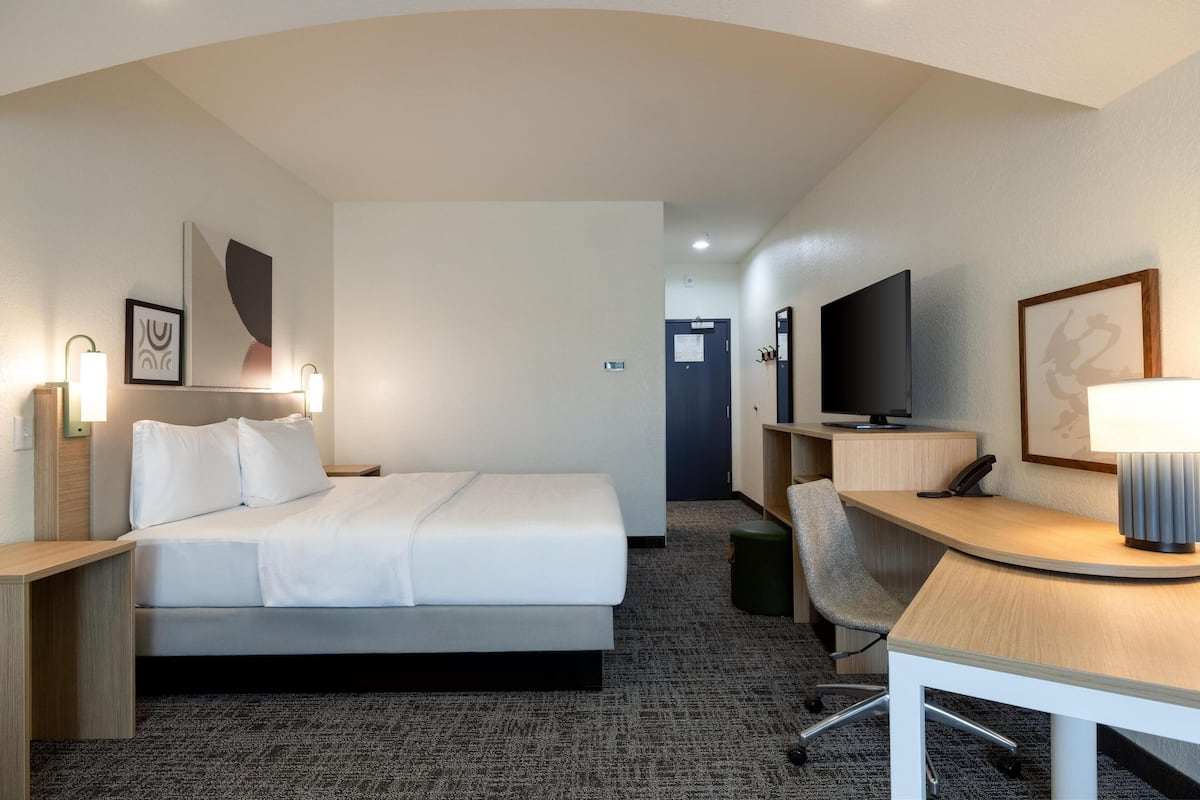 A hotel room with a bed, desk, chair, television, and artwork.